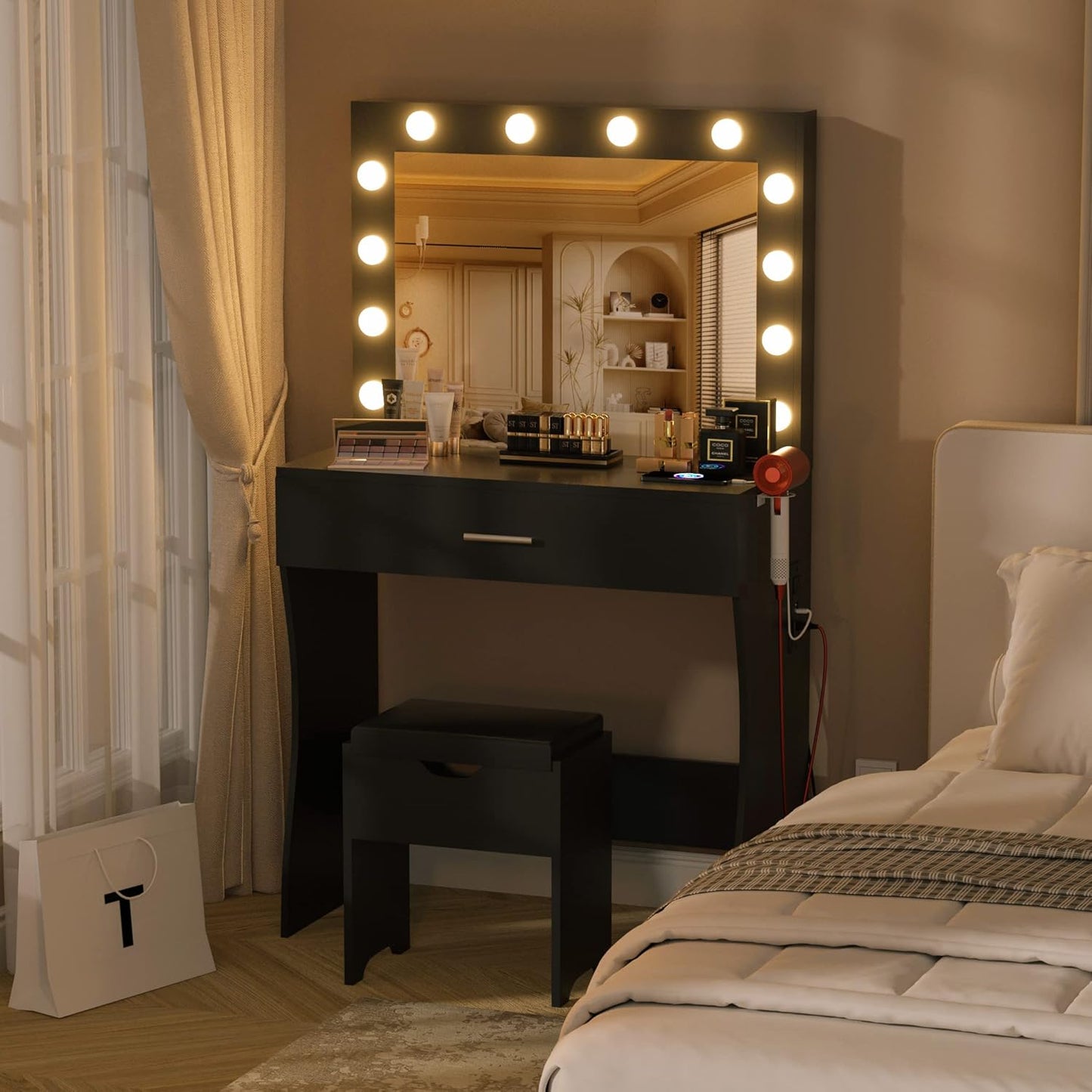 Vanity Table Set with Lighted Mirror - Makeup Vanity with Charging Station, Large Drawer Sturdy Wood Vanity with Lights, 3 Color Modes, Adjustable Brightness,Black