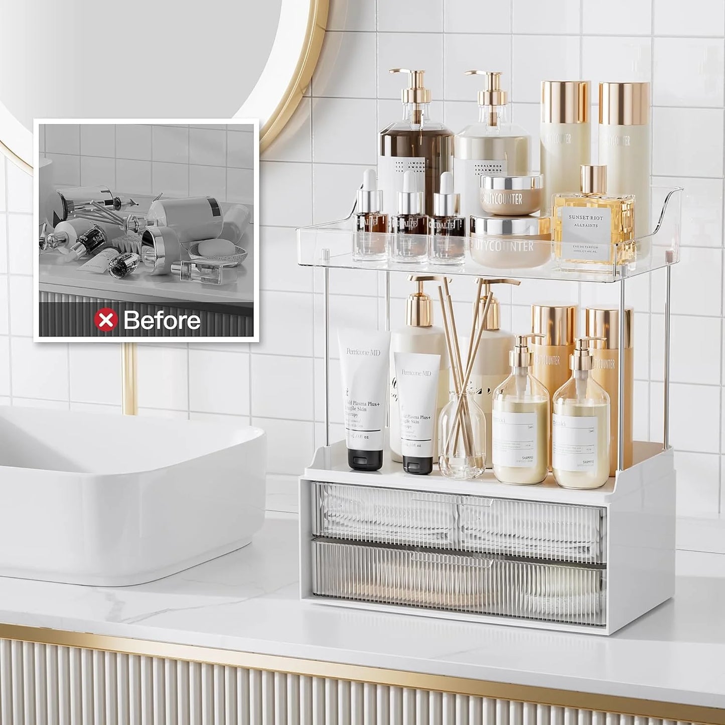2-Tier Vanity Organizer,  Bathroom Countertop Organizer 2 Drawers, Multi-Purpose Makeup Organizer Countertop Cosmetics, Clear