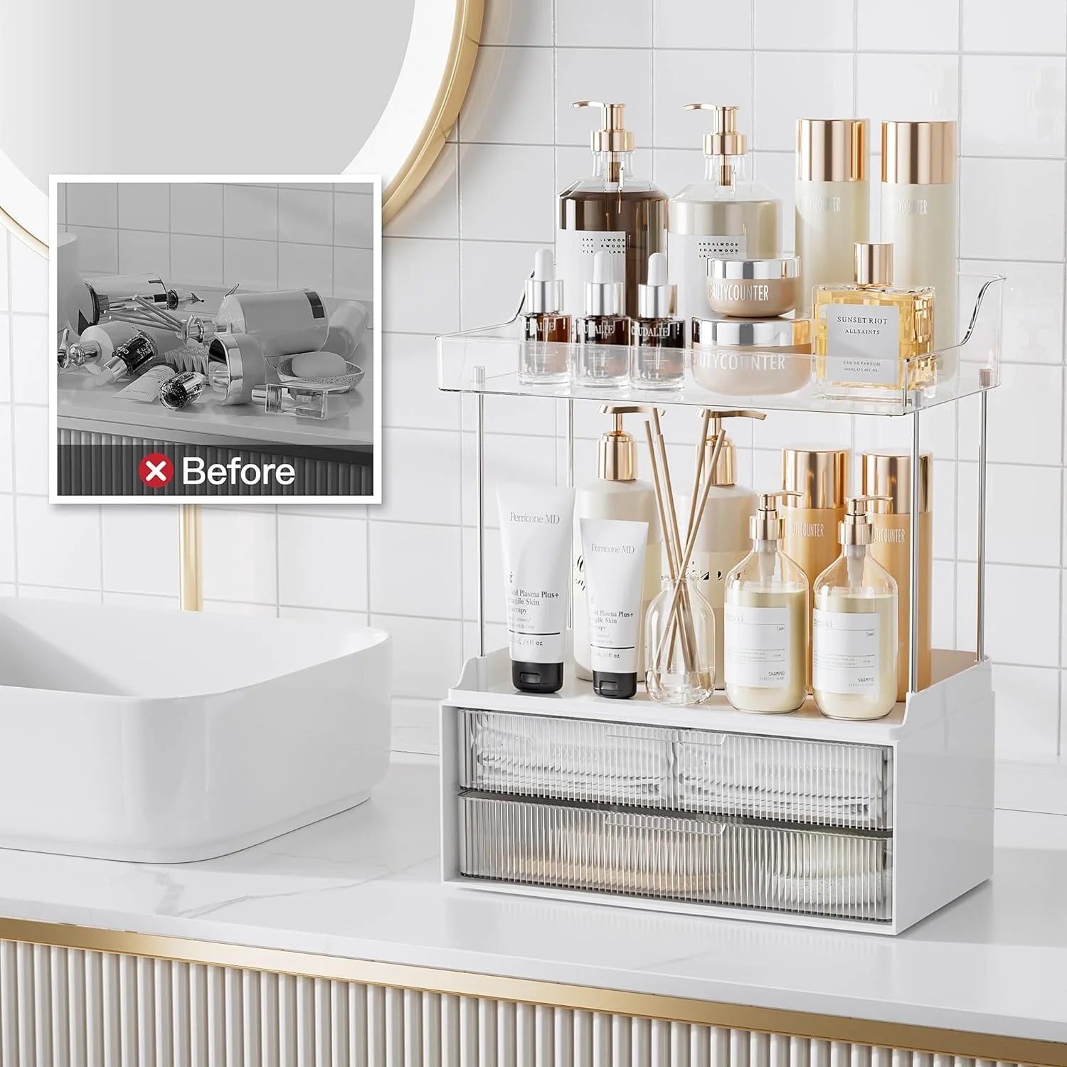 2-Tier Vanity Organizer,  Bathroom Countertop Organizer 2 Drawers, Multi-Purpose Makeup Organizer Countertop Cosmetics, Clear
