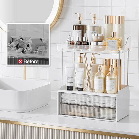 2-Tier Vanity Organizer,  Bathroom Countertop Organizer 2 Drawers, Multi-Purpose Makeup Organizer Countertop Cosmetics, Clear