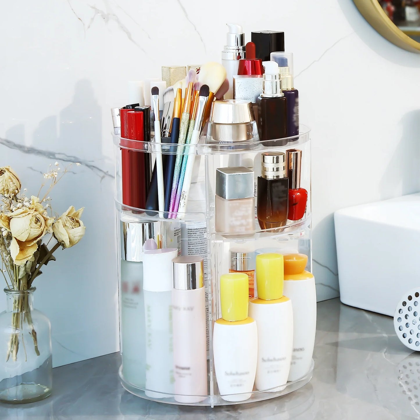 360 Rotating Makeup Organizer and Storage,  Spinning Cosmetic Organizer with 6 Adjustable Layers, Fits Skincare, Perfume, Clear Acrylic