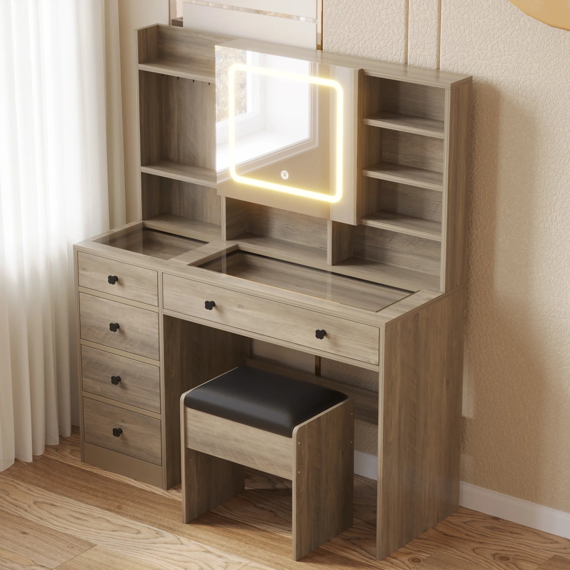 Large 47.2" Makeup Vanity with 3 Color Lights, Dressing Table with USB Charging Station, Gray