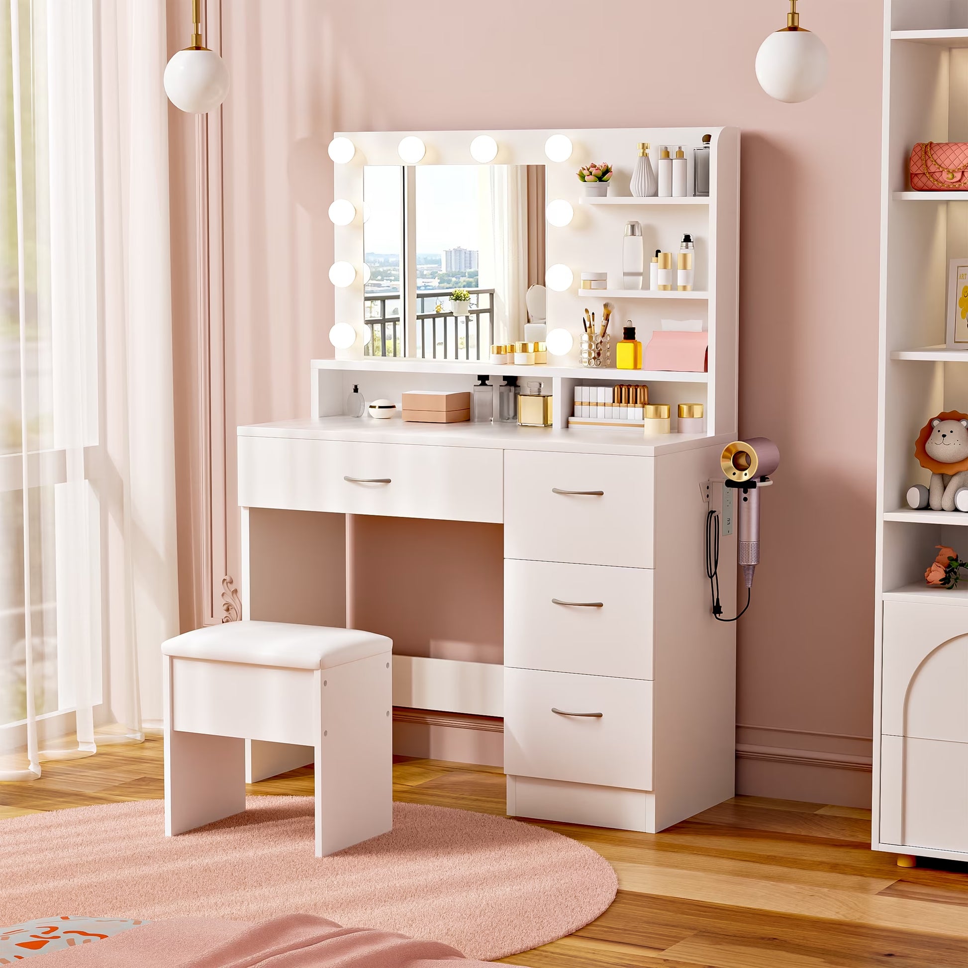 Makeup Vanity Set with Stool, Lighted Mirror, Vanity Desk with 5 Shelves & 4 Drawers, Power Outlet & Hairdryer Holder, Vanity Dressing Table Perfect Gift for Bedroom - White
