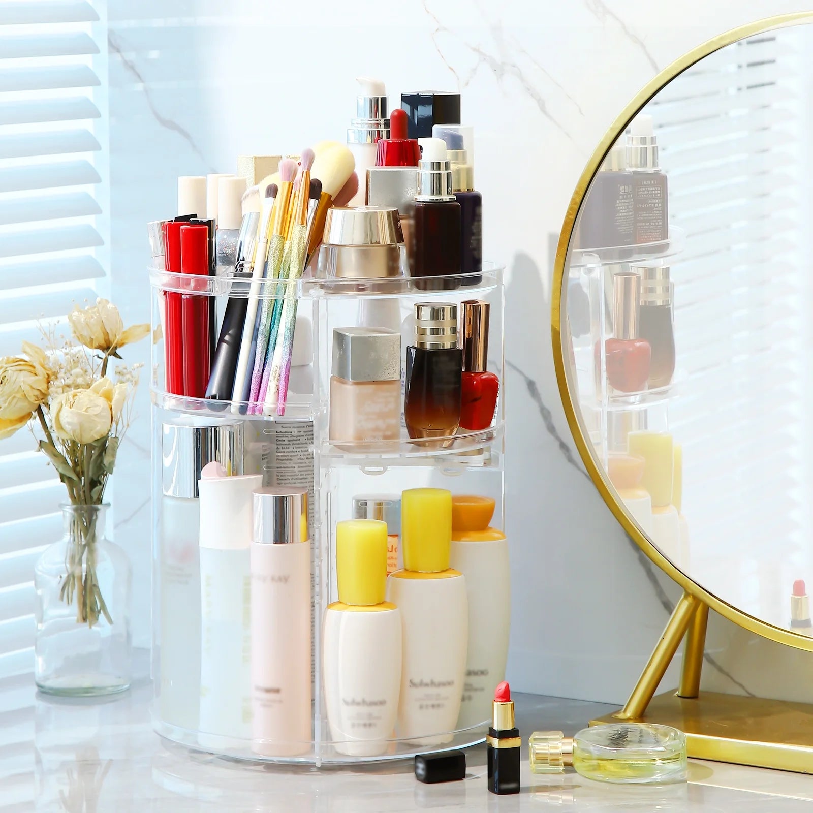 360 Rotating Makeup Organizer and Storage,  Spinning Cosmetic Organizer with 6 Adjustable Layers, Fits Skincare, Perfume, Clear Acrylic