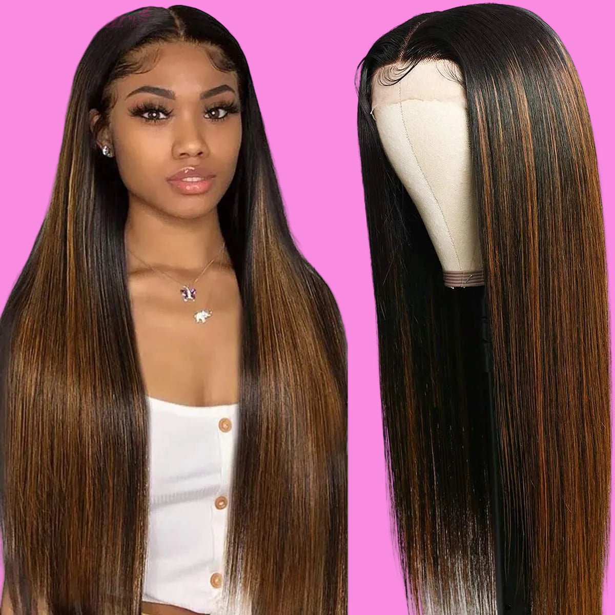 Julia Highlight Straight Balayage Blonde FB30 Ombre Color Human Hair Lace Front T Part Wigs for Women 10A Brazilian Chocolate Brown Blonde 13X5 Lace Frontal Wigs Pre Plucked with Baby Hair 14Inch