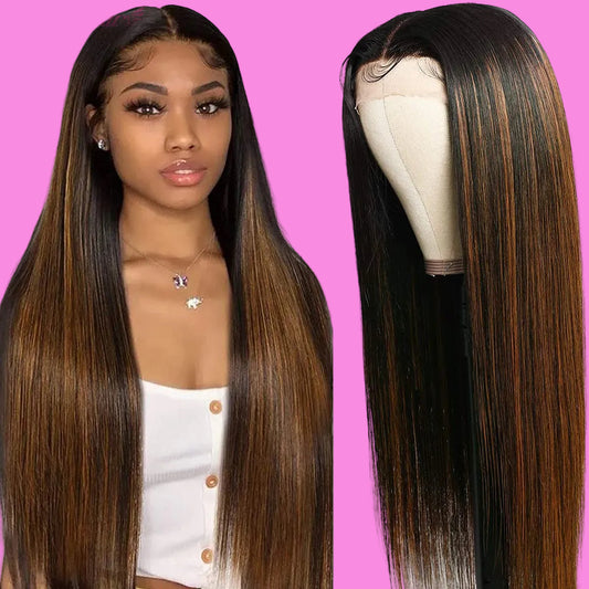 Julia Highlight Straight Balayage Blonde FB30 Ombre Color Human Hair Lace Front T Part Wigs for Women 10A Brazilian Chocolate Brown Blonde 13X5 Lace Frontal Wigs Pre Plucked with Baby Hair 14Inch