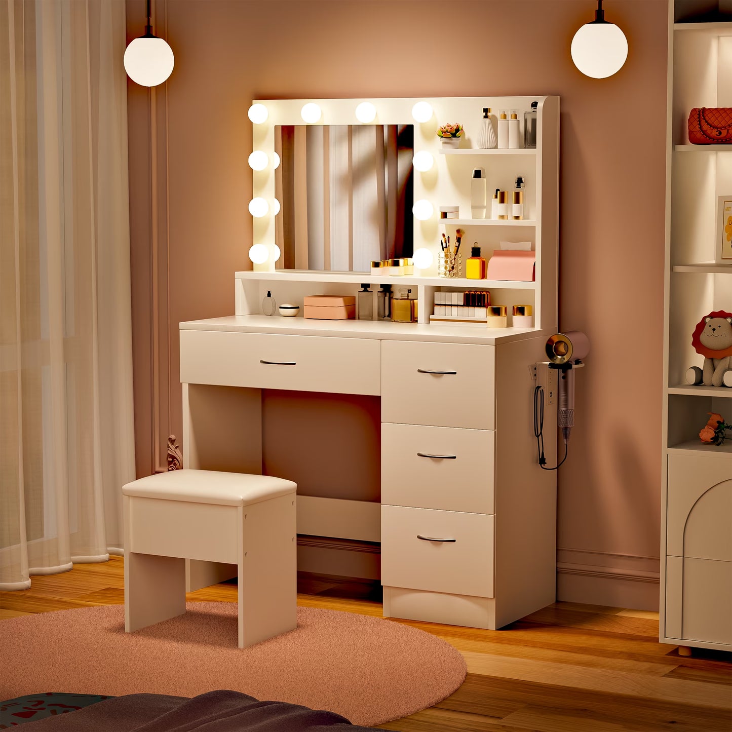 Makeup Vanity Set with Stool, Lighted Mirror, Vanity Desk with 5 Shelves & 4 Drawers, Power Outlet & Hairdryer Holder, Vanity Dressing Table Perfect Gift for Bedroom - White
