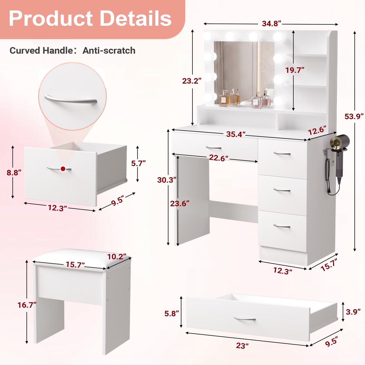 Makeup Vanity Set with Stool, Lighted Mirror, Vanity Desk with 5 Shelves & 4 Drawers, Power Outlet & Hairdryer Holder, Vanity Dressing Table Perfect Gift for Bedroom - White