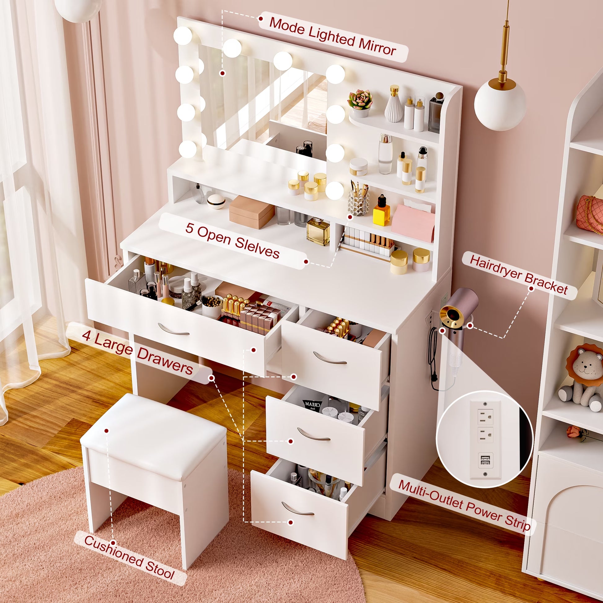 Makeup Vanity Set with Stool, Lighted Mirror, Vanity Desk with 5 Shelves & 4 Drawers, Power Outlet & Hairdryer Holder, Vanity Dressing Table Perfect Gift for Bedroom - White