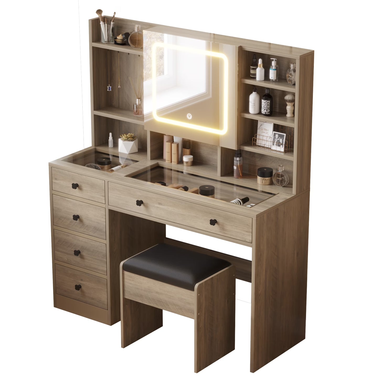 Large 47.2" Makeup Vanity with 3 Color Lights, Dressing Table with USB Charging Station, Gray