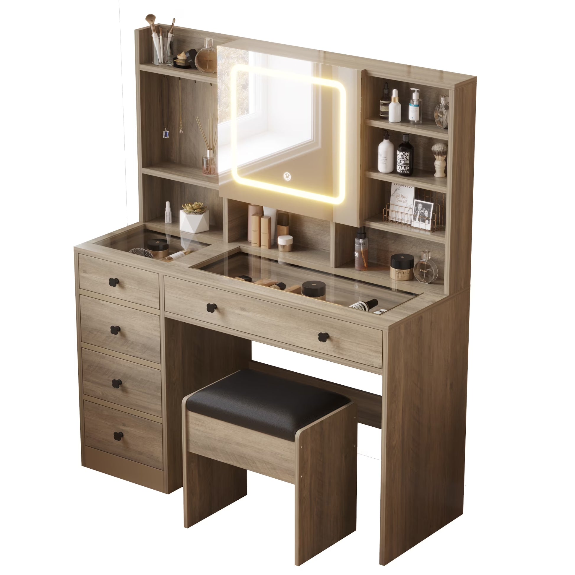 Large 47.2" Makeup Vanity with 3 Color Lights, Dressing Table with USB Charging Station, Gray
