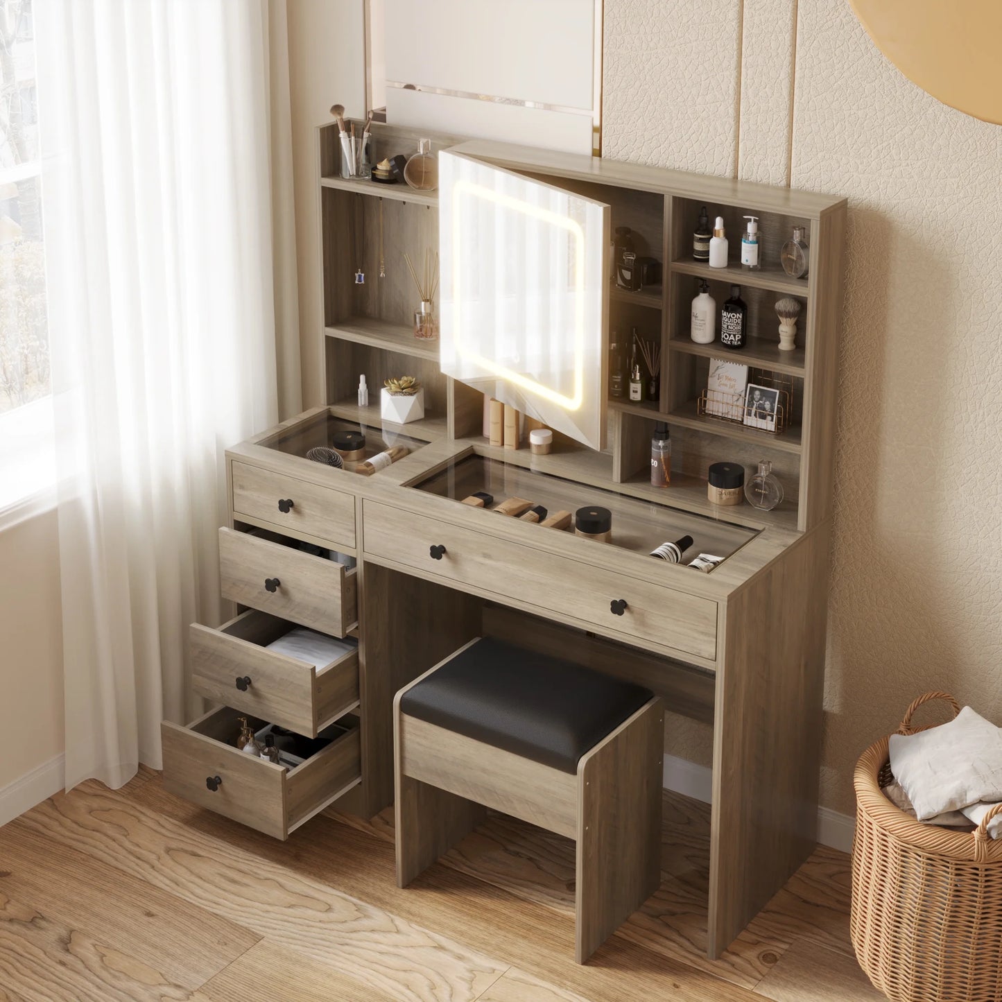 Large 47.2" Makeup Vanity with 3 Color Lights, Dressing Table with USB Charging Station, Gray