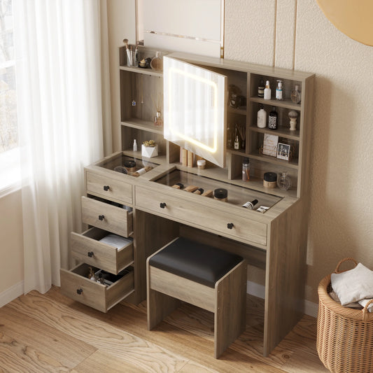 Large 47.2" Makeup Vanity with 3 Color Lights, Dressing Table with USB Charging Station, Gray