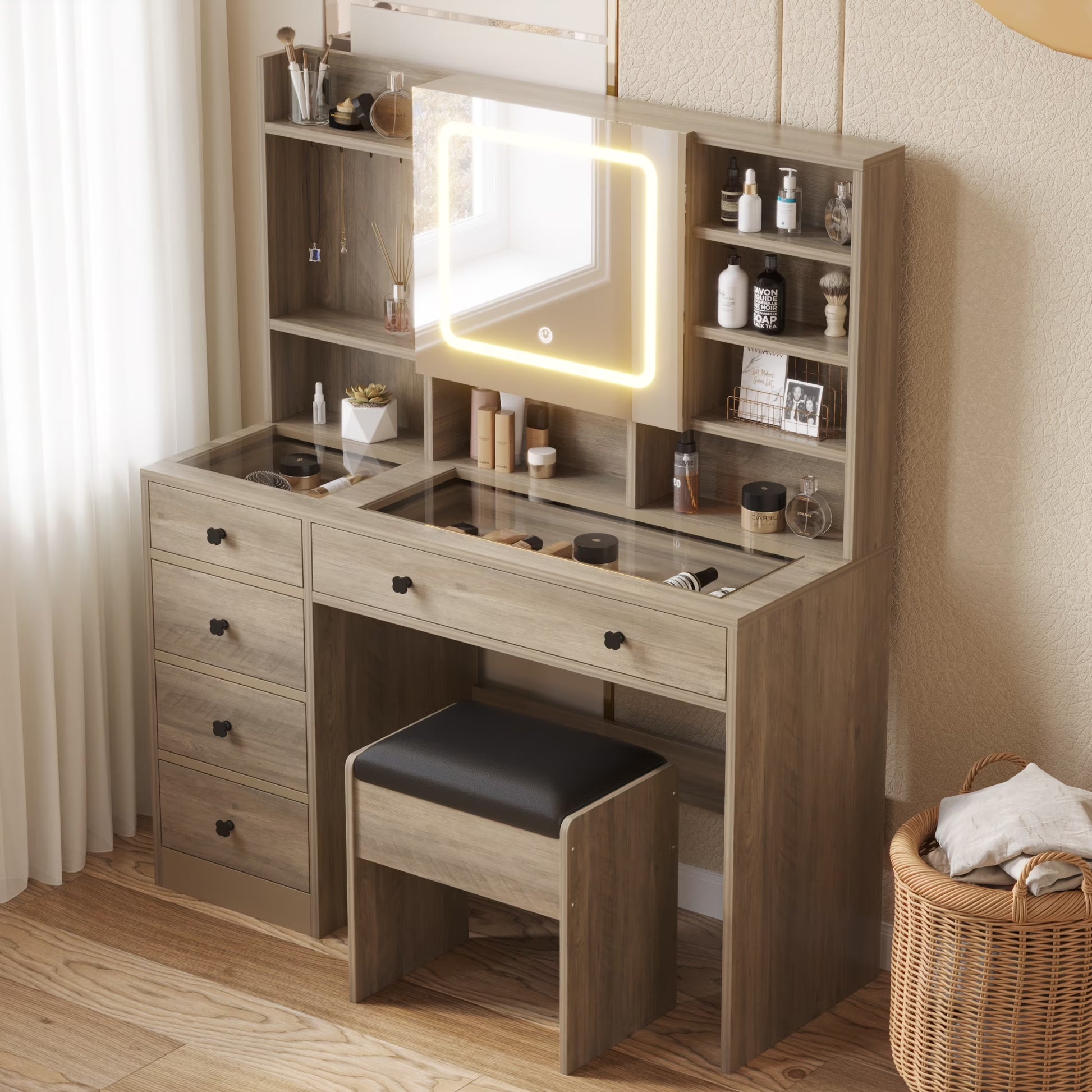 Large 47.2" Makeup Vanity with 3 Color Lights, Dressing Table with USB Charging Station, Gray
