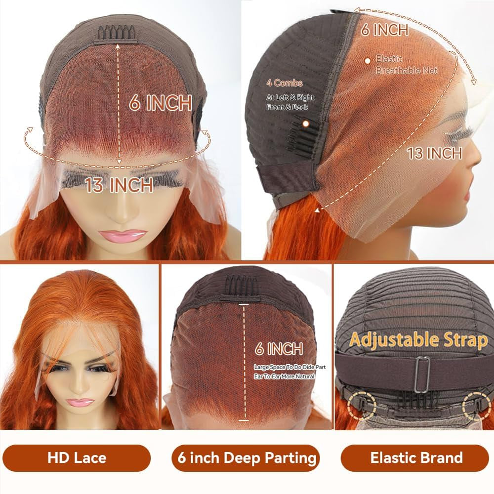 26 Inch Ginger Wig Human Hair Body Wave Ginger Orange 13X6 Lace Front Wigs Human Hair Pre Plucked 180 Density 350# Colored Glueless 13X6 HD Lace Frontal Wig Human Hair for Women