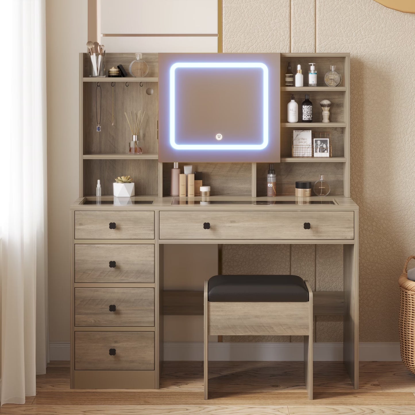 Large 47.2" Makeup Vanity with 3 Color Lights, Dressing Table with USB Charging Station, Gray