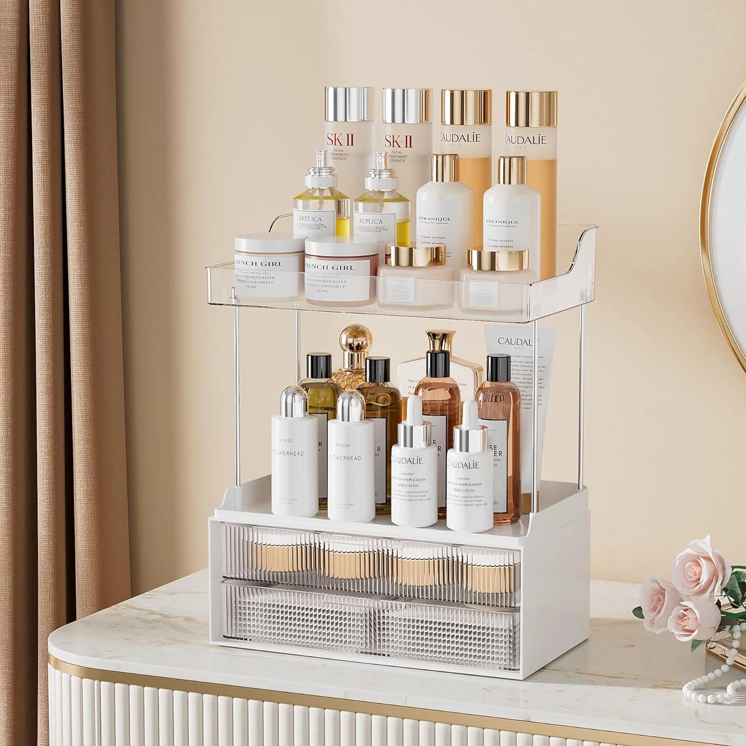 2-Tier Vanity Organizer,  Bathroom Countertop Organizer 2 Drawers, Multi-Purpose Makeup Organizer Countertop Cosmetics, Clear