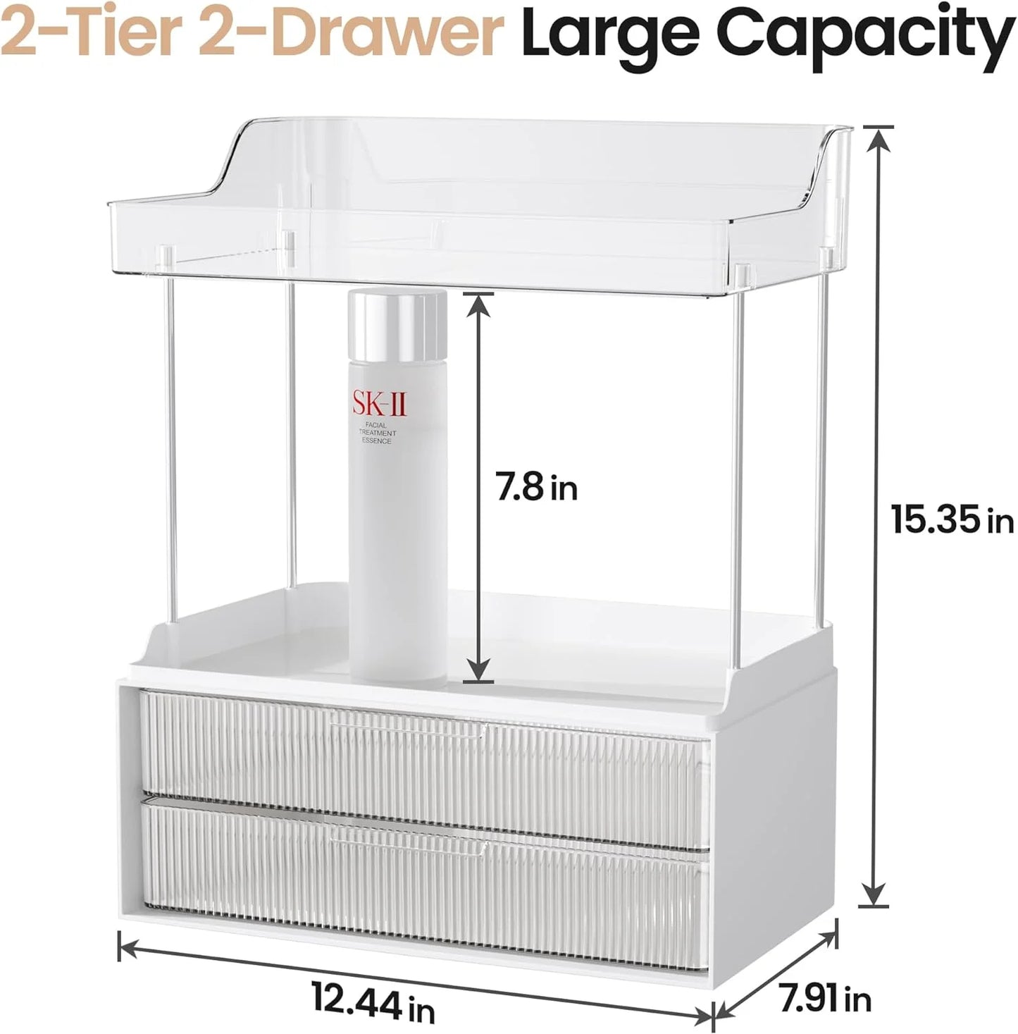 2-Tier Vanity Organizer,  Bathroom Countertop Organizer 2 Drawers, Multi-Purpose Makeup Organizer Countertop Cosmetics, Clear