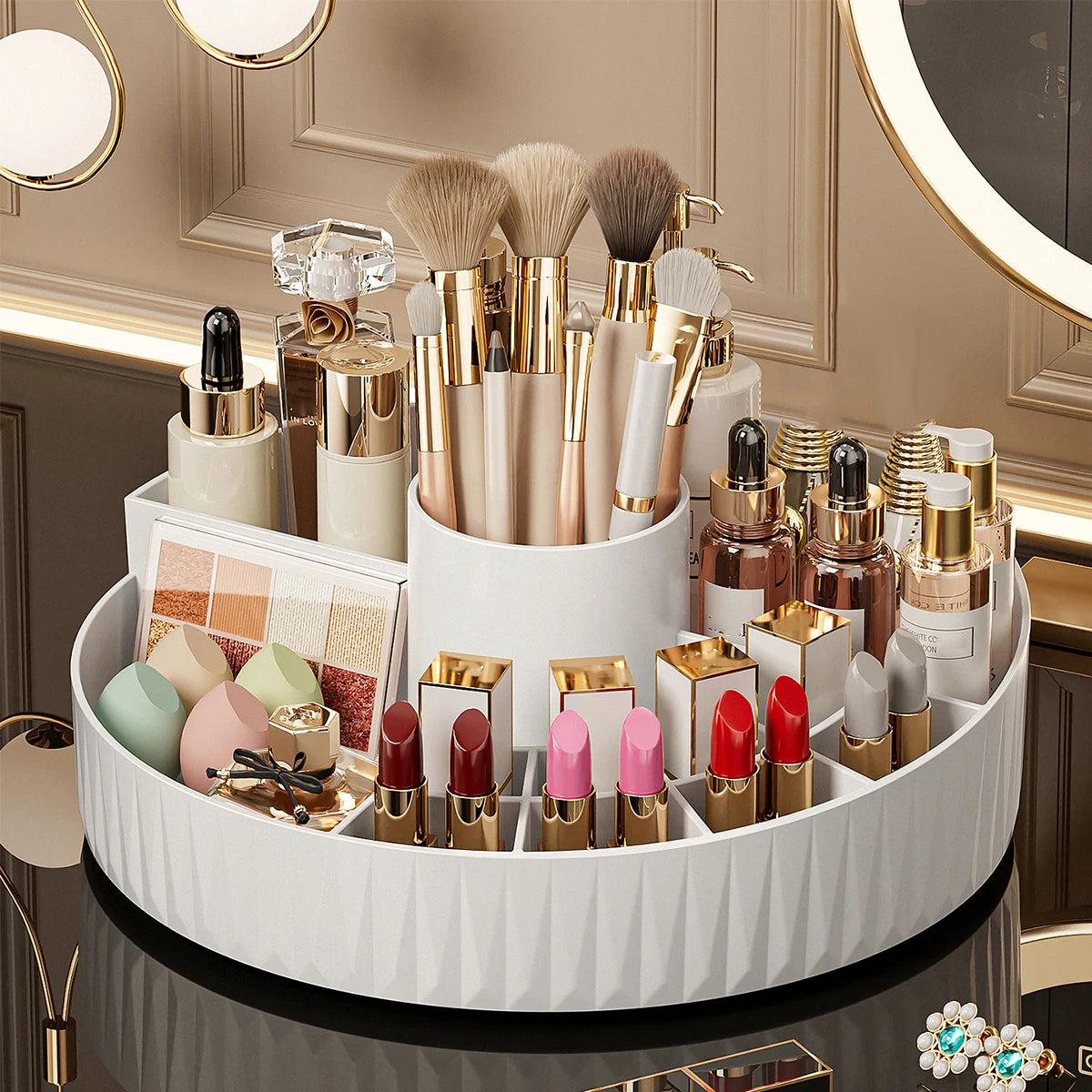 Rotating Cosmetic Storage Box, Multi - Compartment Organizer for Lipsticks, Eyebrow Pencils & Brushes, Bathroom Skincare Storage