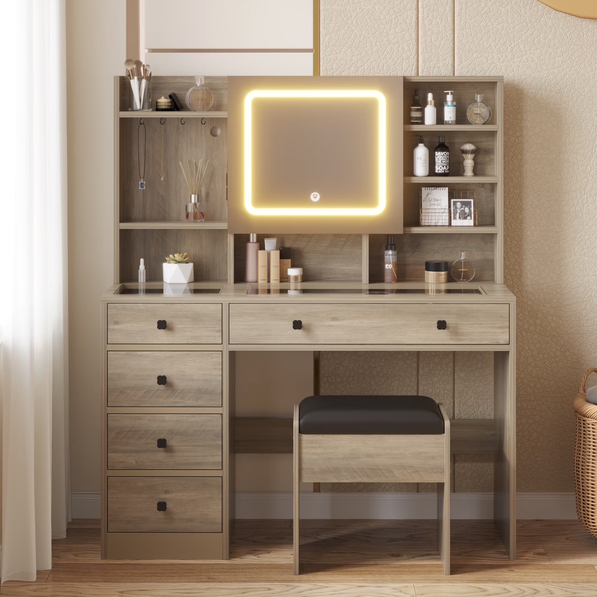 Large 47.2" Makeup Vanity with 3 Color Lights, Dressing Table with USB Charging Station, Gray