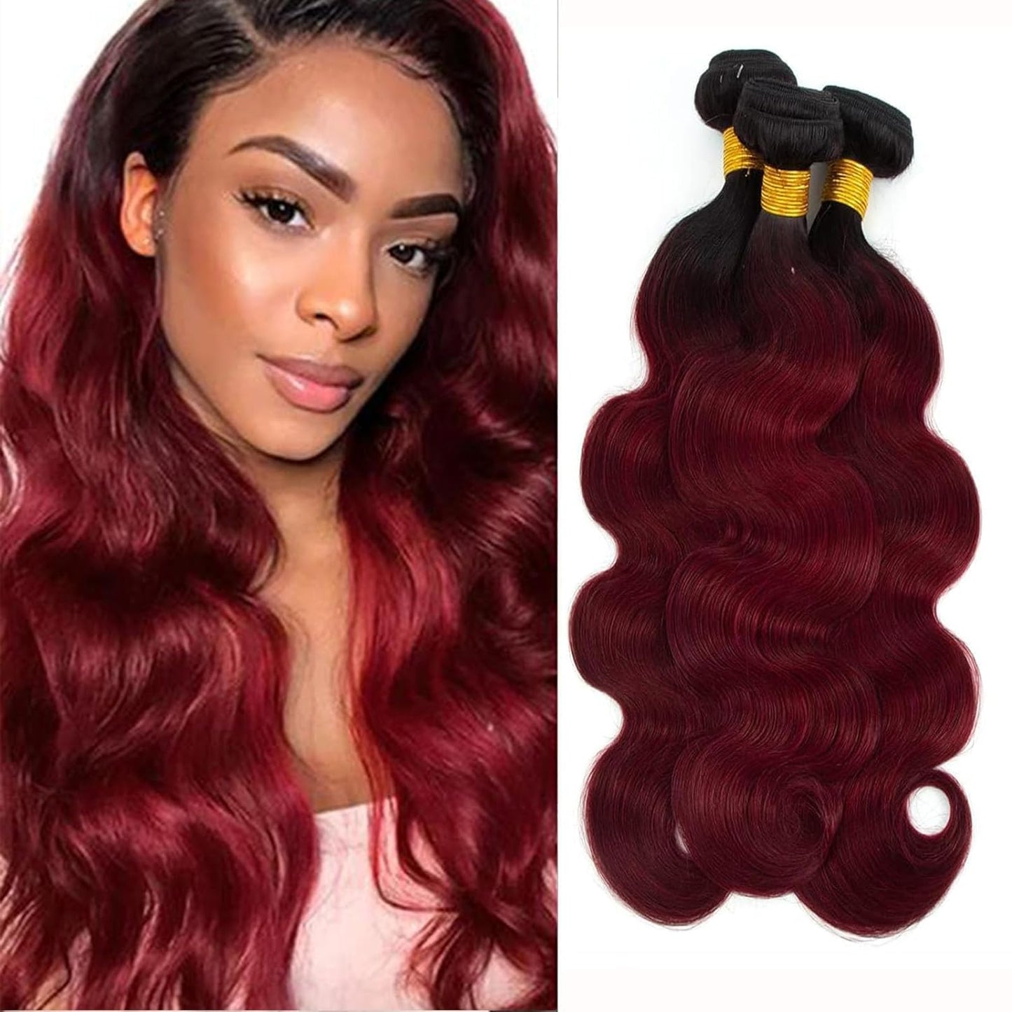 1B/99J Ombre Body Wave Bundles Human Hair 3 Bundles Human Hair Body Wave 100% Unprocessed Brazilian Virgin Hair(1B/99J-Bb-26 28 30Inch)