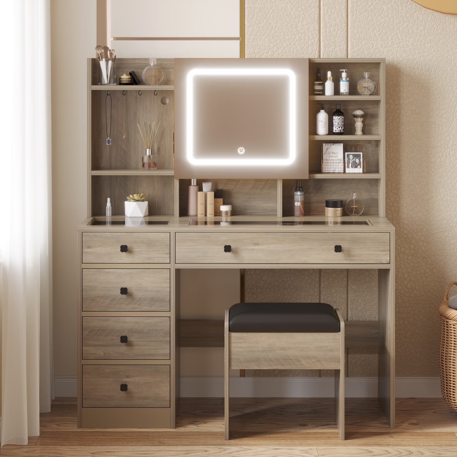 Large 47.2" Makeup Vanity with 3 Color Lights, Dressing Table with USB Charging Station, Gray