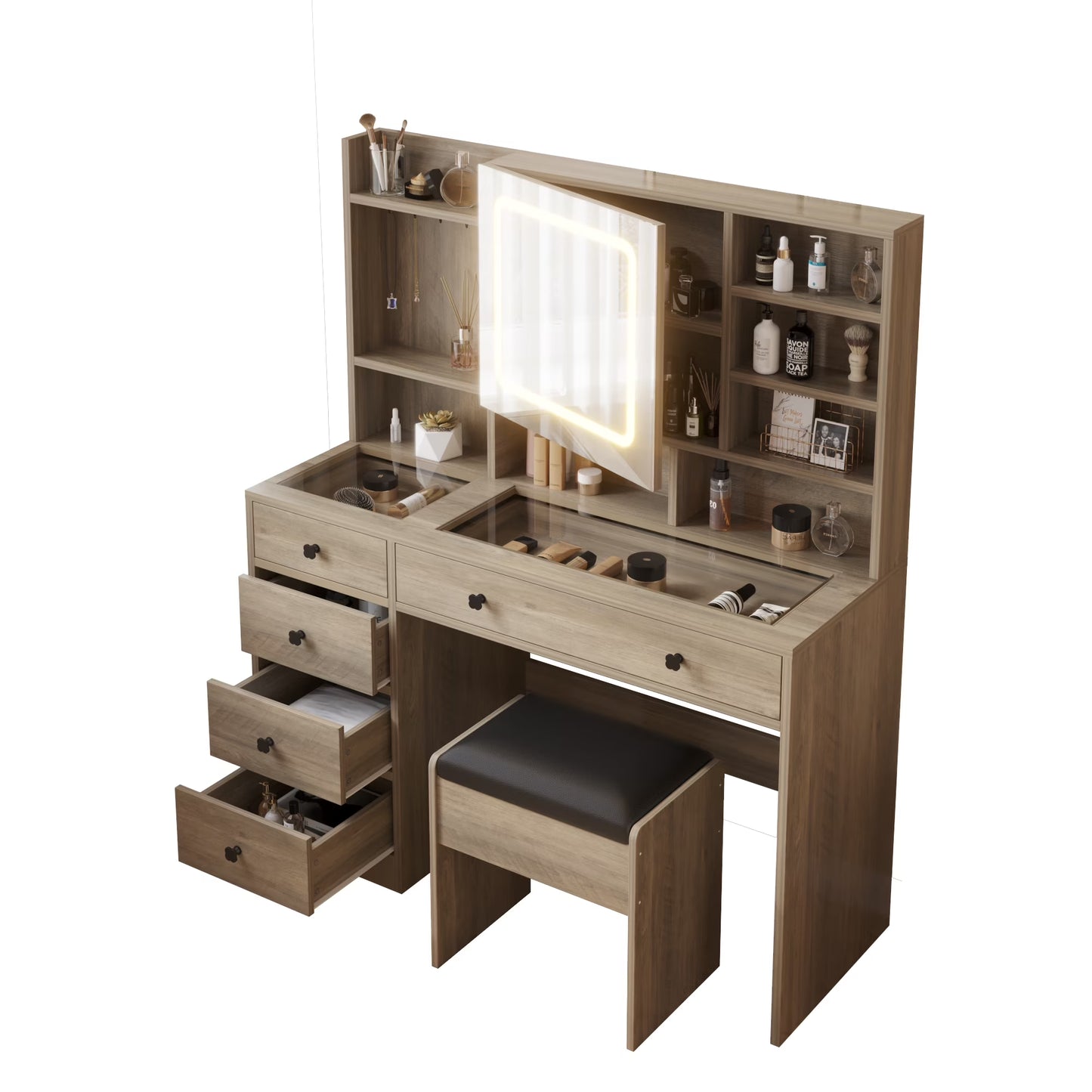 Large 47.2" Makeup Vanity with 3 Color Lights, Dressing Table with USB Charging Station, Gray