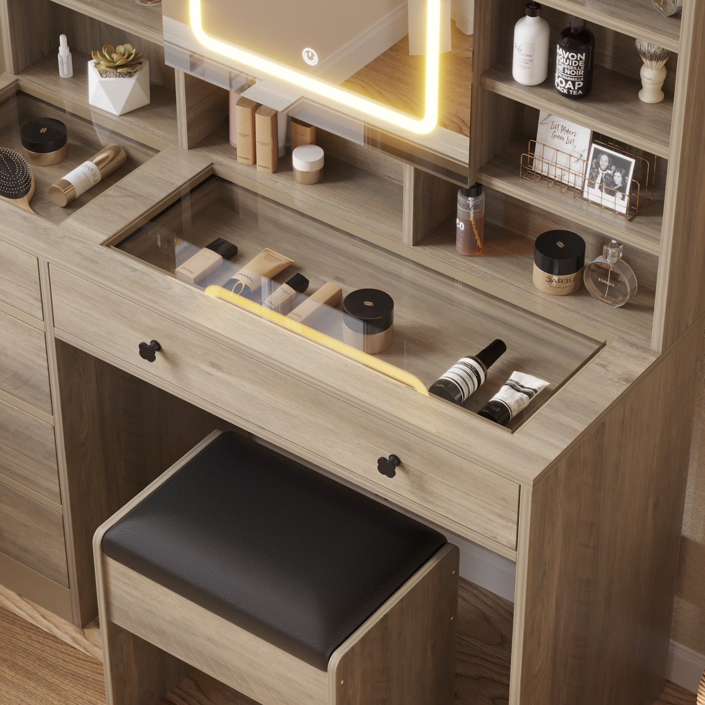 Large 47.2" Makeup Vanity with 3 Color Lights, Dressing Table with USB Charging Station, Gray