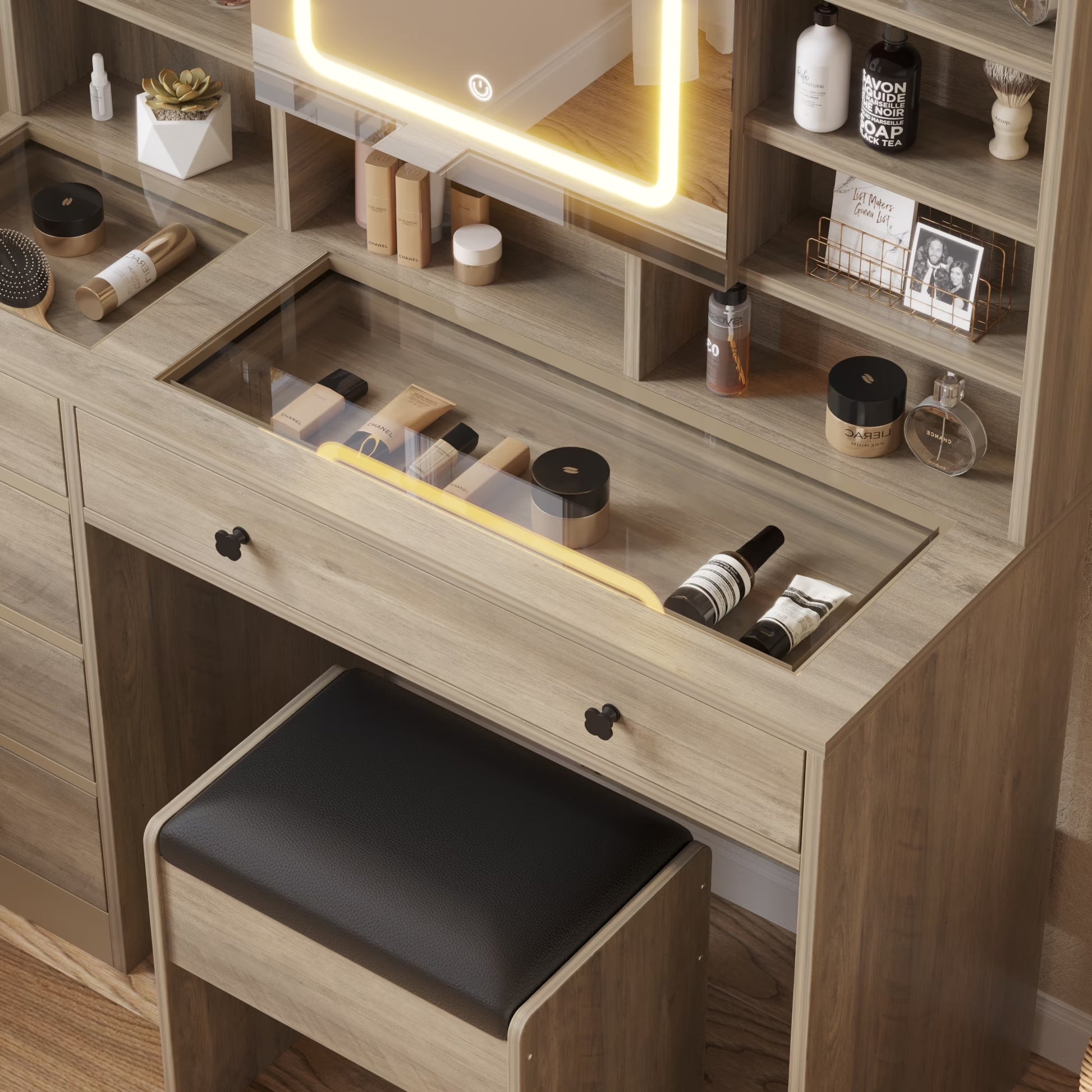Large 47.2" Makeup Vanity with 3 Color Lights, Dressing Table with USB Charging Station, Gray