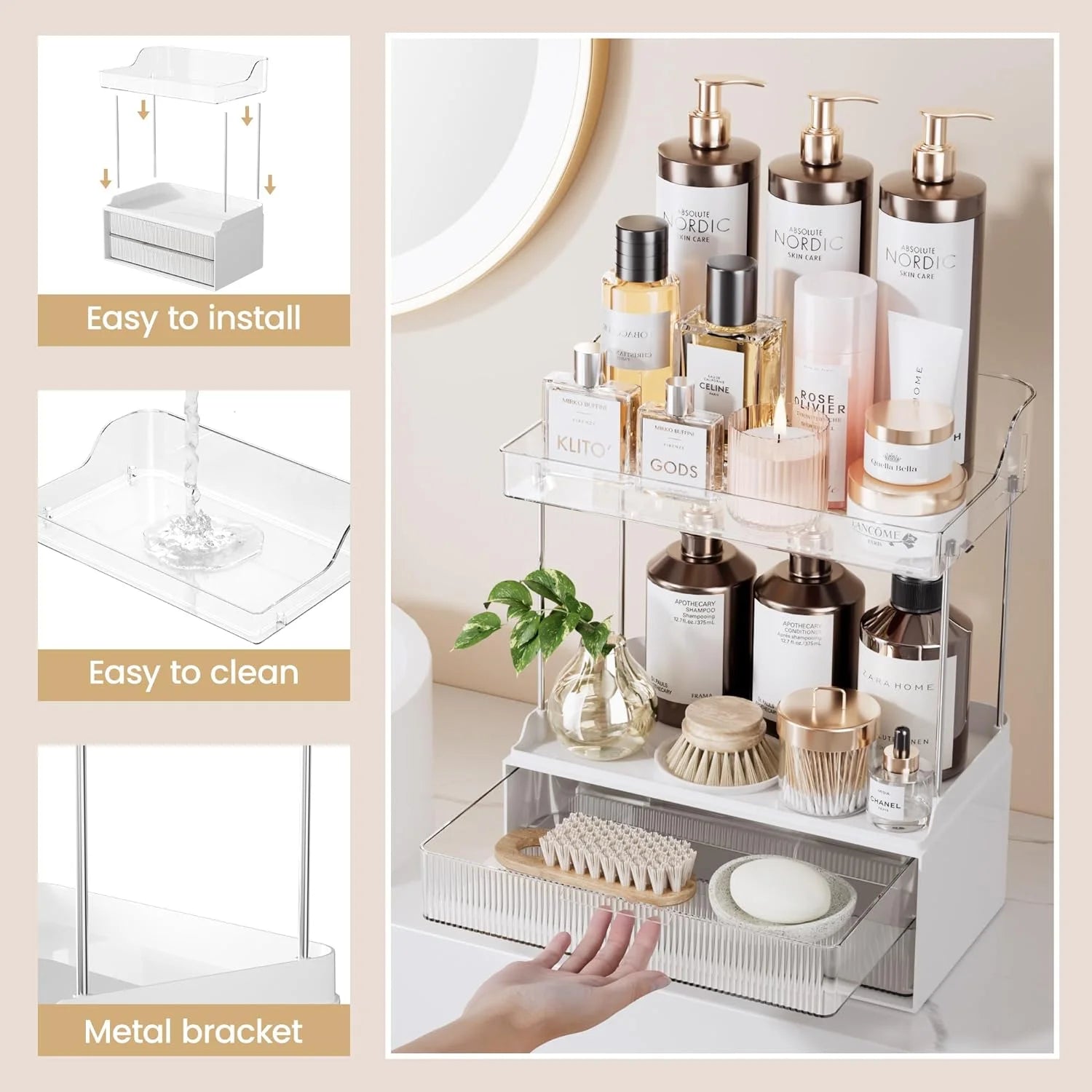 2-Tier Vanity Organizer,  Bathroom Countertop Organizer 2 Drawers, Multi-Purpose Makeup Organizer Countertop Cosmetics, Clear