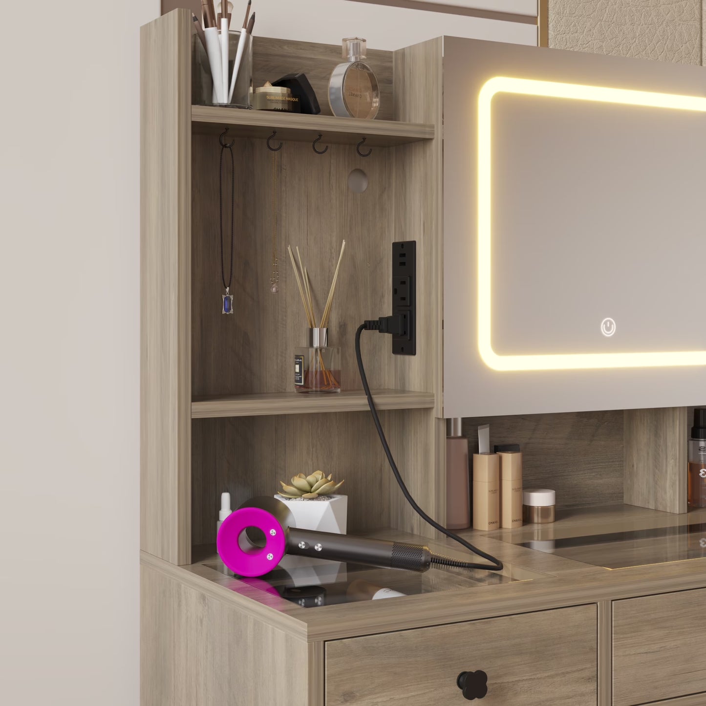 Large 47.2" Makeup Vanity with 3 Color Lights, Dressing Table with USB Charging Station, Gray