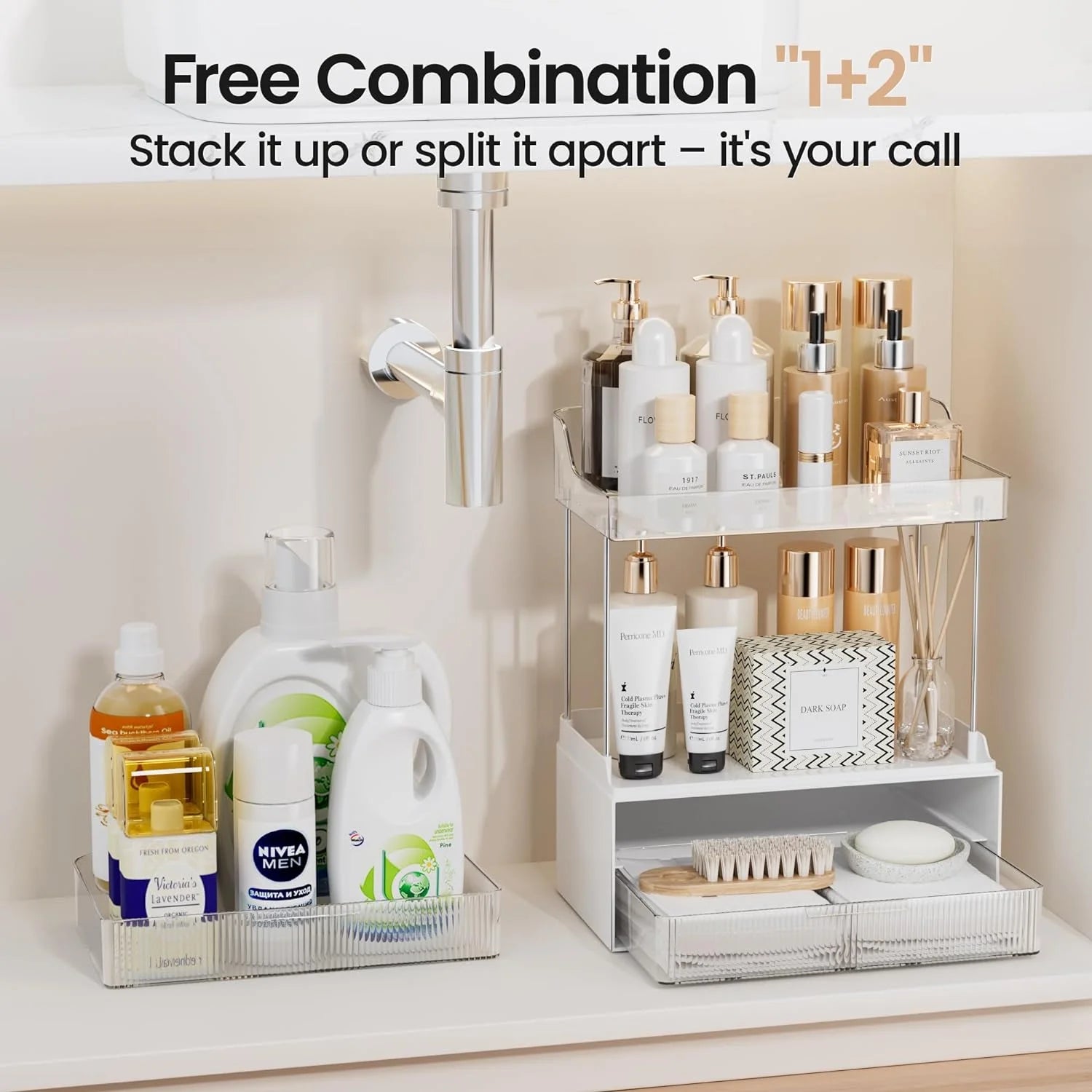 2-Tier Vanity Organizer,  Bathroom Countertop Organizer 2 Drawers, Multi-Purpose Makeup Organizer Countertop Cosmetics, Clear