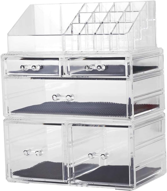 Makeup Organizer,Acrylic Cosmetic Organizer Storage Drawers Jewelry and Cosmetic Display Cases Box(5 Drawers 7 Tiers) 3 Pieces Stackable,Clear