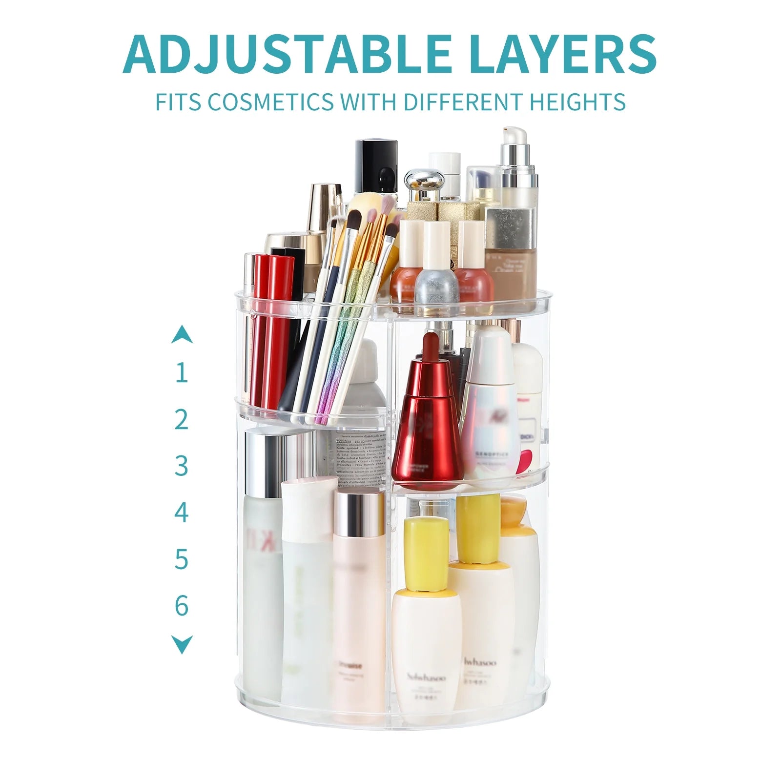 360 Rotating Makeup Organizer and Storage,  Spinning Cosmetic Organizer with 6 Adjustable Layers, Fits Skincare, Perfume, Clear Acrylic