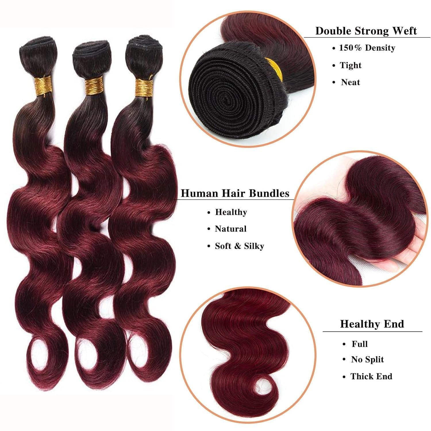 1B/99J Ombre Body Wave Bundles Human Hair 3 Bundles Human Hair Body Wave 100% Unprocessed Brazilian Virgin Hair(1B/99J-Bb-26 28 30Inch)