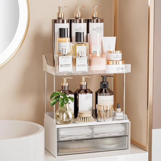 2-Tier Vanity Organizer,  Bathroom Countertop Organizer 2 Drawers, Multi-Purpose Makeup Organizer Countertop Cosmetics, Clear